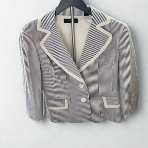Context Womens Seersucker Pinstripe Blazer Blue White Contrast Trim Size 2